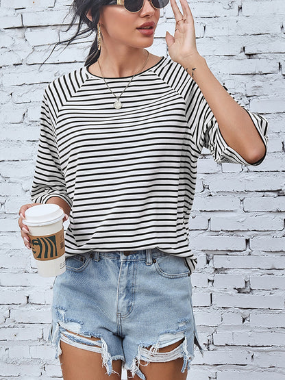 Striped Round Neck Raglan Sleeve T-Shirt-Teresa&#39;s Fashionista LLC