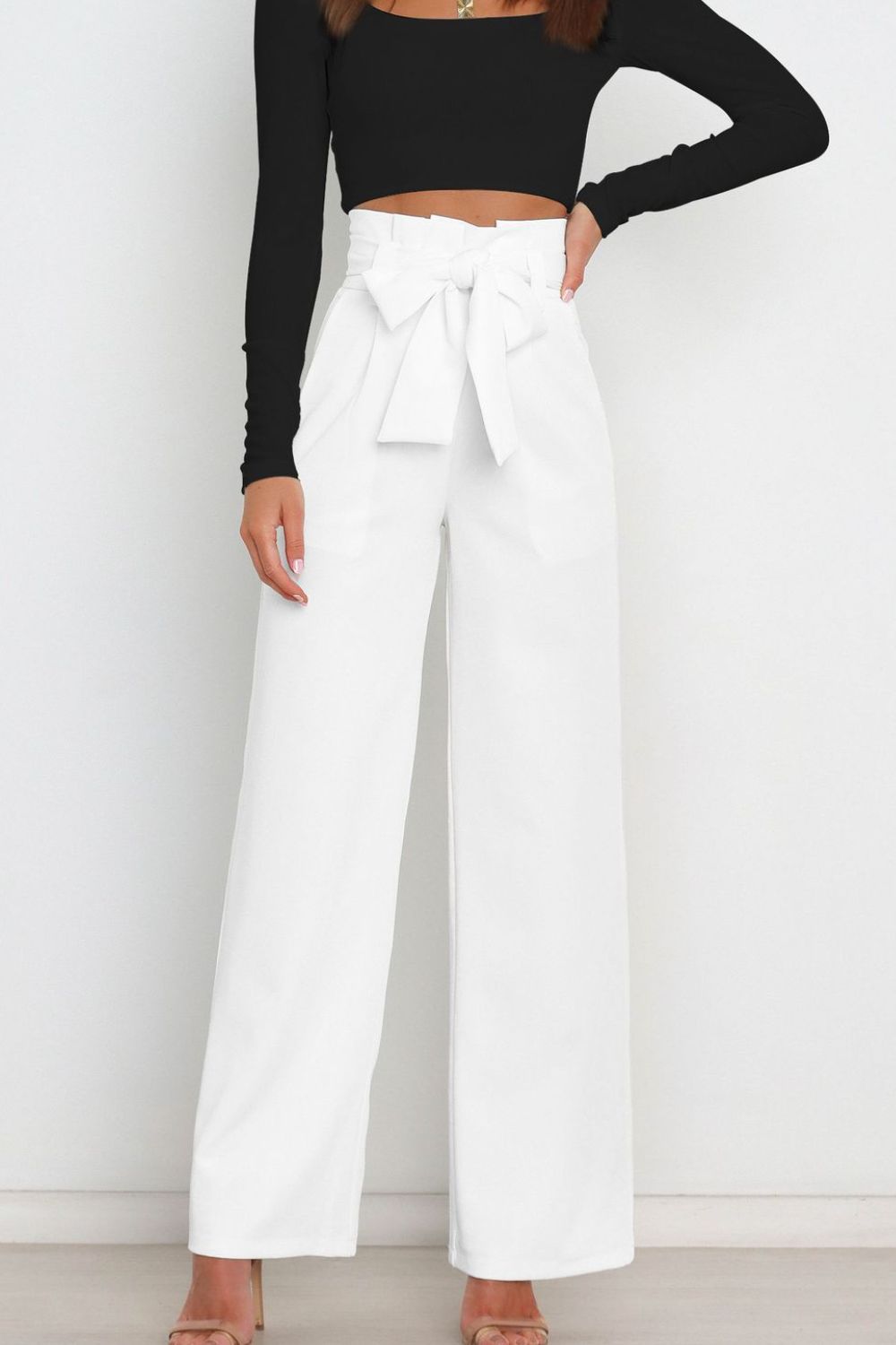 Tie Front Paperbag Wide Leg Pants-Teresa&#39;s Fashionista LLC