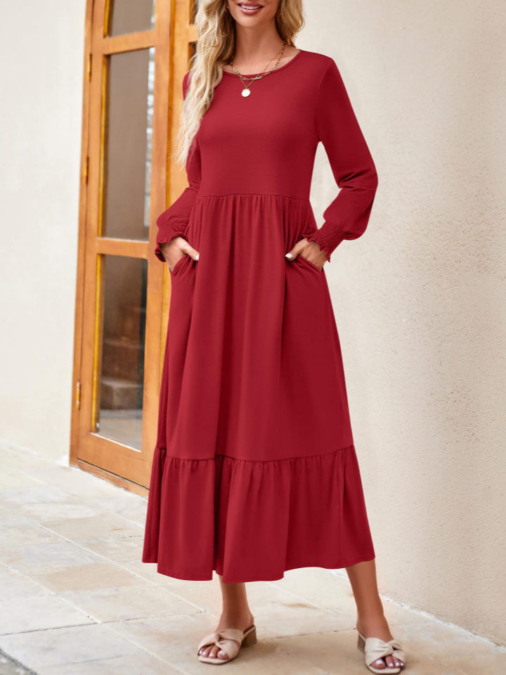 Round Neck Lantern Sleeve Ruffle Hem Dress-Teresa&#39;s Fashionista LLC