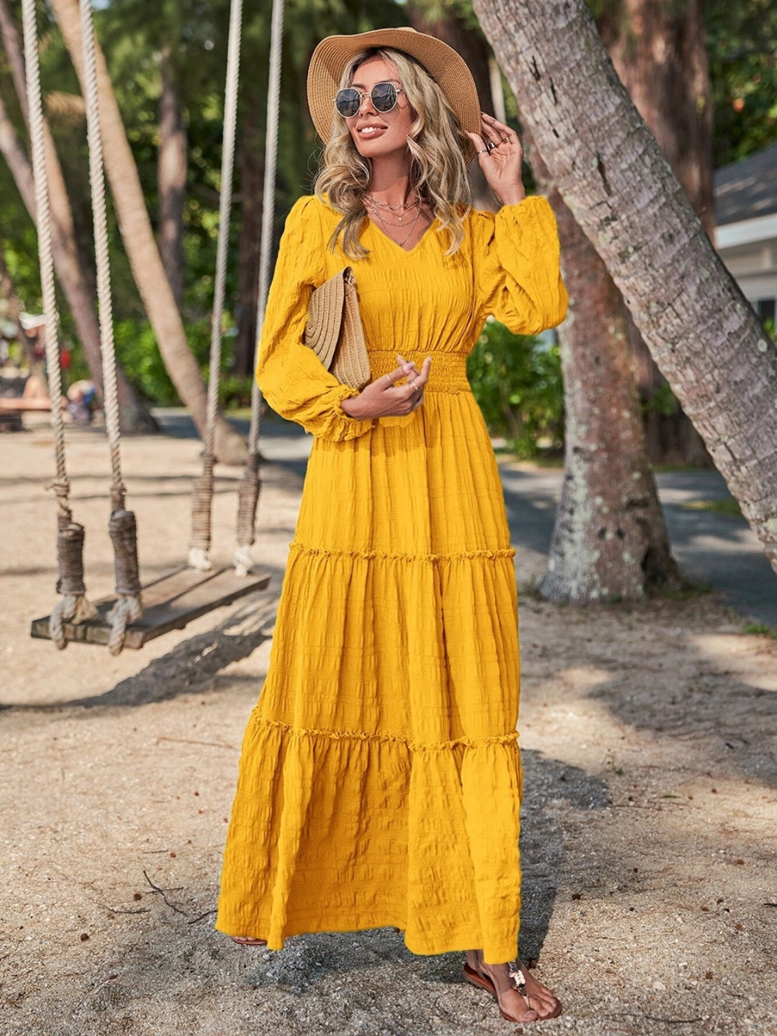 Smocked Waist V-Neck Maxi Dress-Teresa&#39;s Fashionista LLC