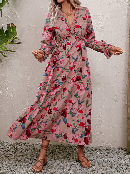 Floral Frill Trim V-Neck Maxi Dress-Teresa&#39;s Fashionista LLC