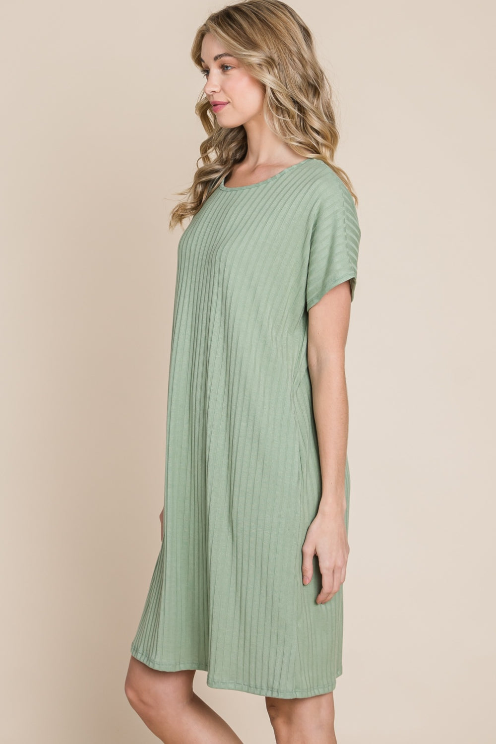 BOMBOM Ribbed Round Neck Short Sleeve Dress-Teresa&#39;s Fashionista LLC