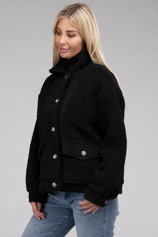 Cozy Sherpa Button-Front Jacket-Teresa&#39;s Fashionista LLC