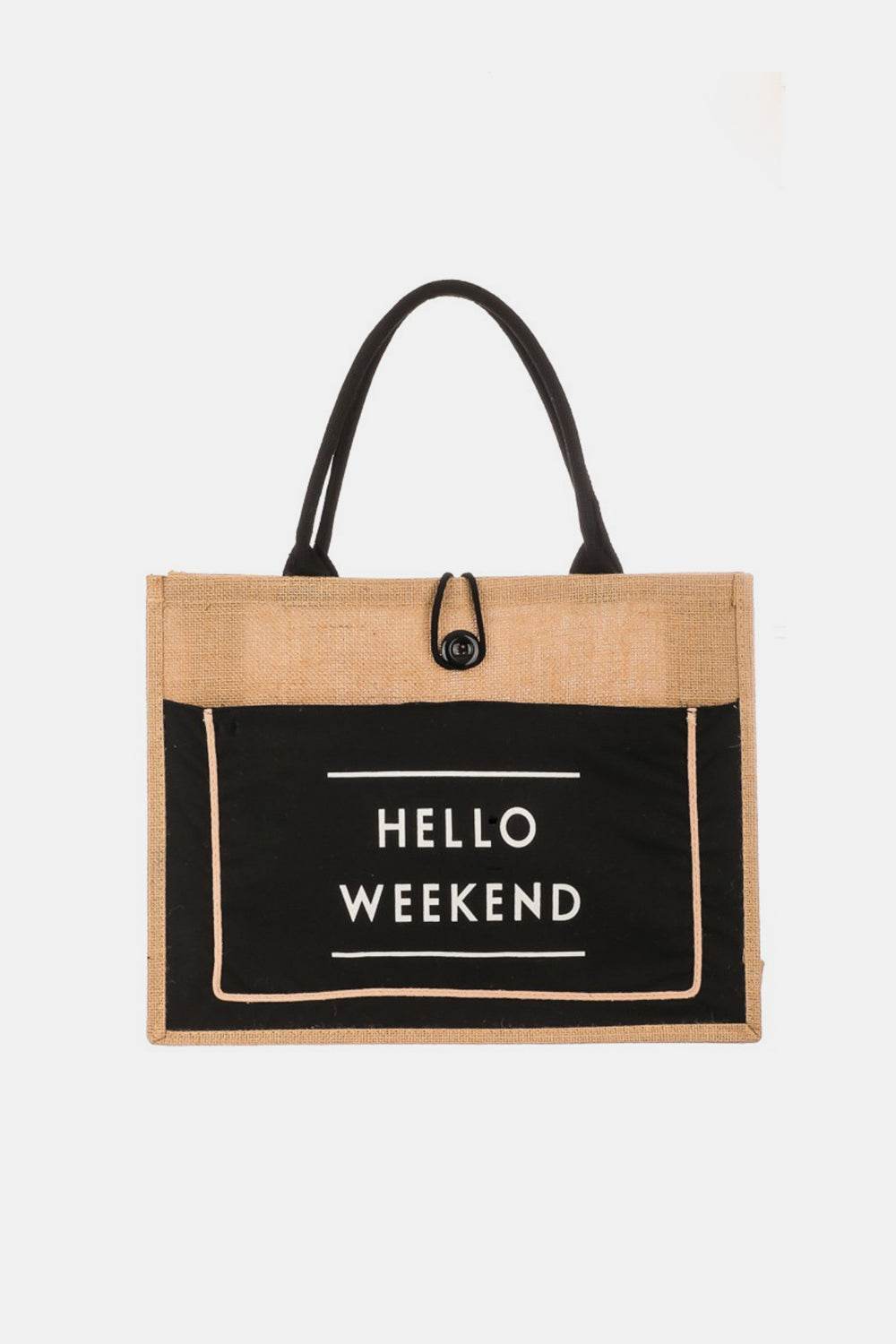 Fame Hello Weekend Burlap Tote Bag-Teresa&#39;s Fashionista LLC