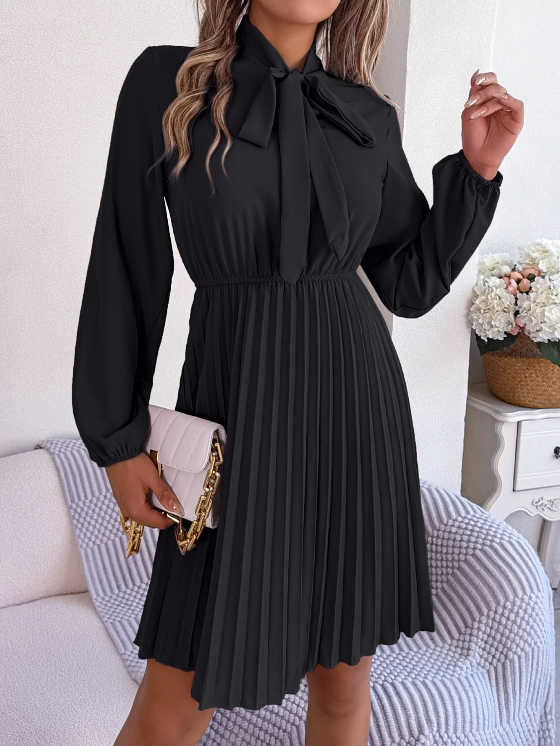 Tie Neck Balloon Sleeve Pleated Dress-Teresa&#39;s Fashionista LLC