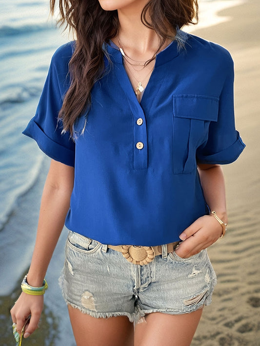 Buttoned Notched Short Sleeve Blouse - Teresa's Fashionista LLC