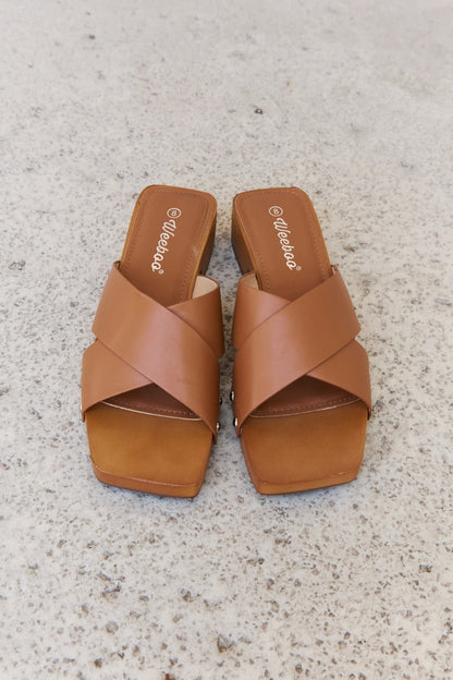 Weeboo Step Into Summer Criss Cross Wooden Clog Mule in Brown-Teresa&#39;s Fashionista LLC