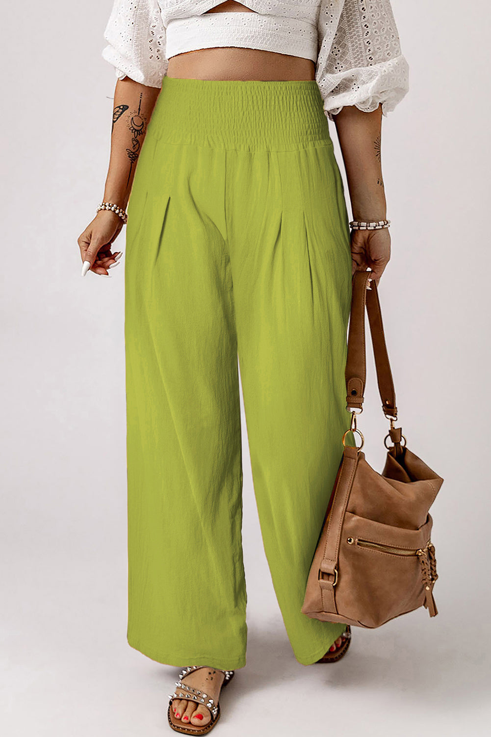 Smocked High Waist Wide Leg Pants-Teresa&#39;s Fashionista LLC