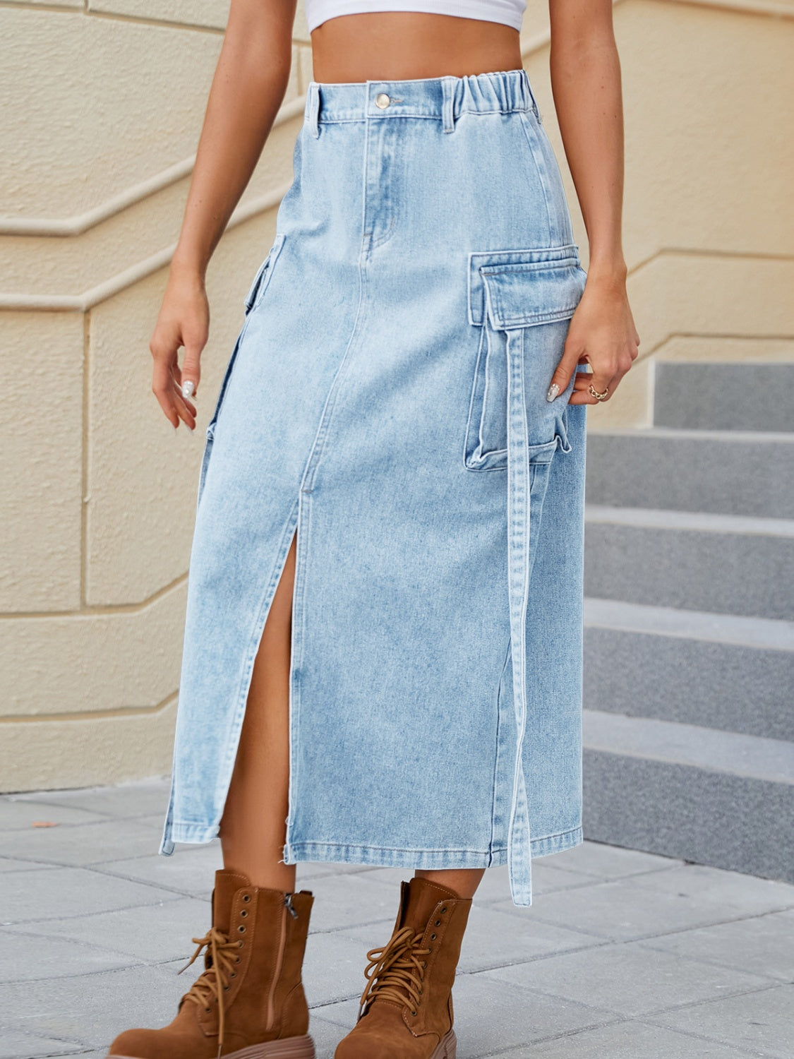 Slit Pocketed High Waist Denim Skirt-Teresa&#39;s Fashionista LLC