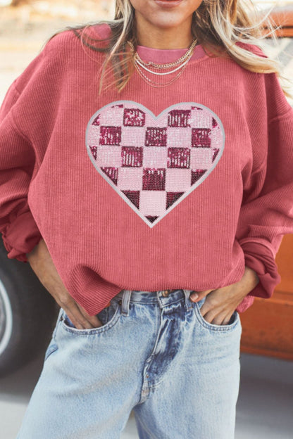 Valentine’s Day Sequin Checkered Heart Long Sleeve Sweatshirt