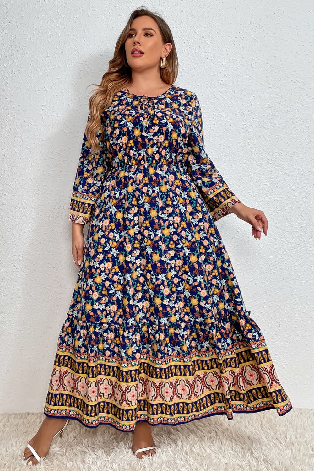 Melo Apparel Plus Size Bohemian Round Neck Maxi Dress-Teresa&#39;s Fashionista LLC