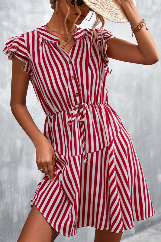 Ruffled Striped Cap Sleeve Mini Dress-Teresa&#39;s Fashionista LLC