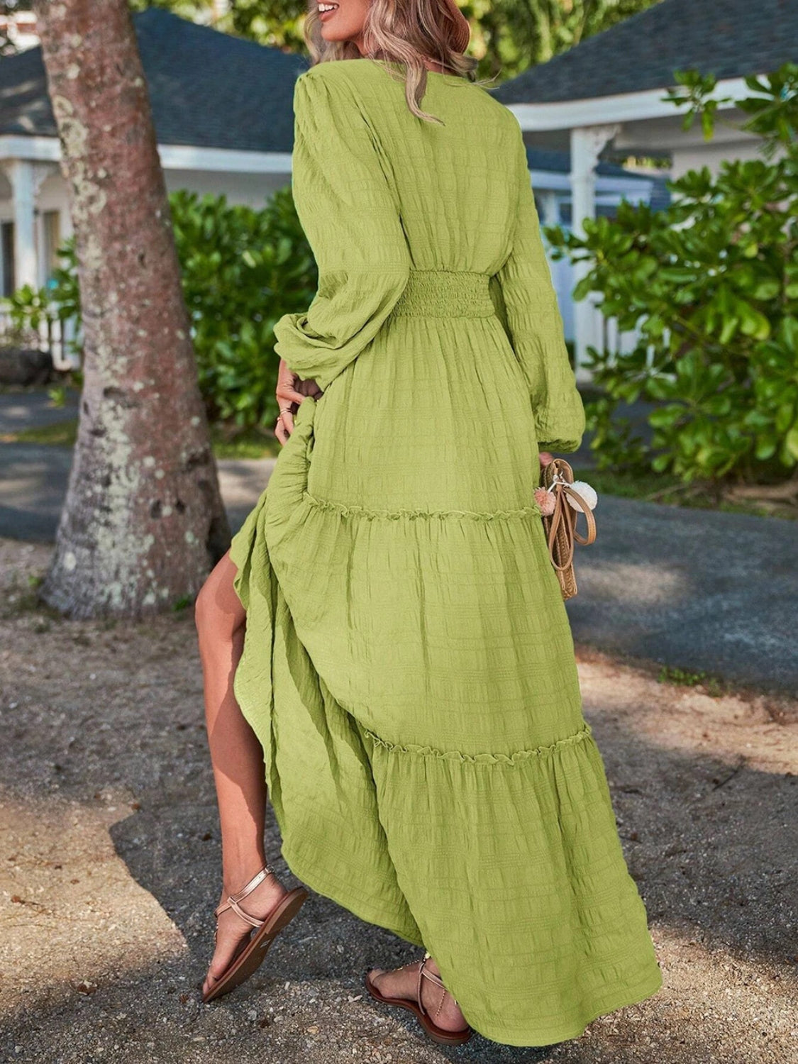 Smocked Waist V-Neck Maxi Dress-Teresa&#39;s Fashionista LLC