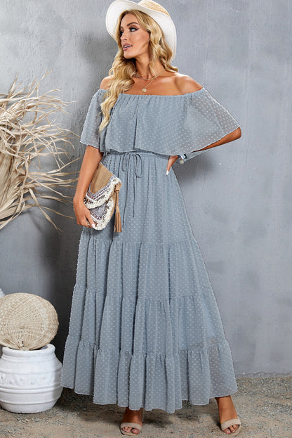 Swiss Dot Off-Shoulder Tiered Maxi Dress-Teresa&#39;s Fashionista LLC