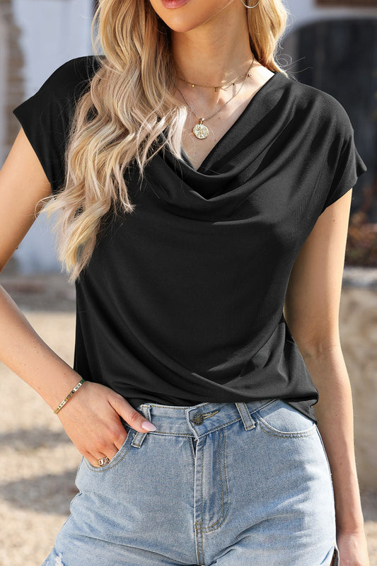 Cowl Neck Short Sleeve T-Shirt - Teresa's Fashionista LLC