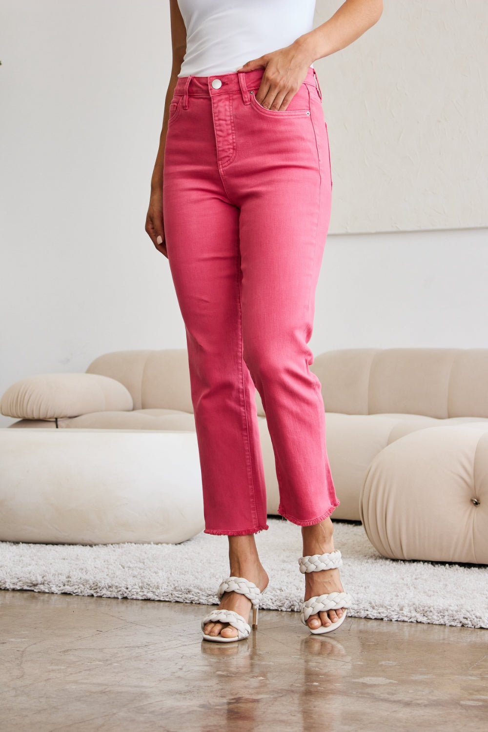 RFM Crop Dylan Full Size Tummy Control High Waist Raw Hem Jeans-Teresa&#39;s Fashionista LLC