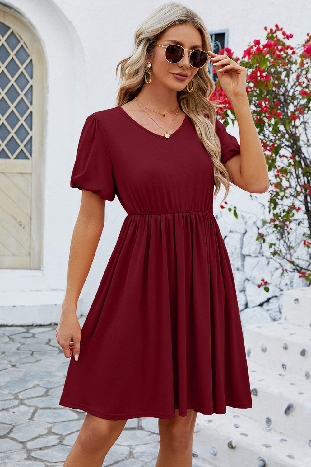 V-Neck Balloon Short Sleeve Dress-Teresa&#39;s Fashionista LLC