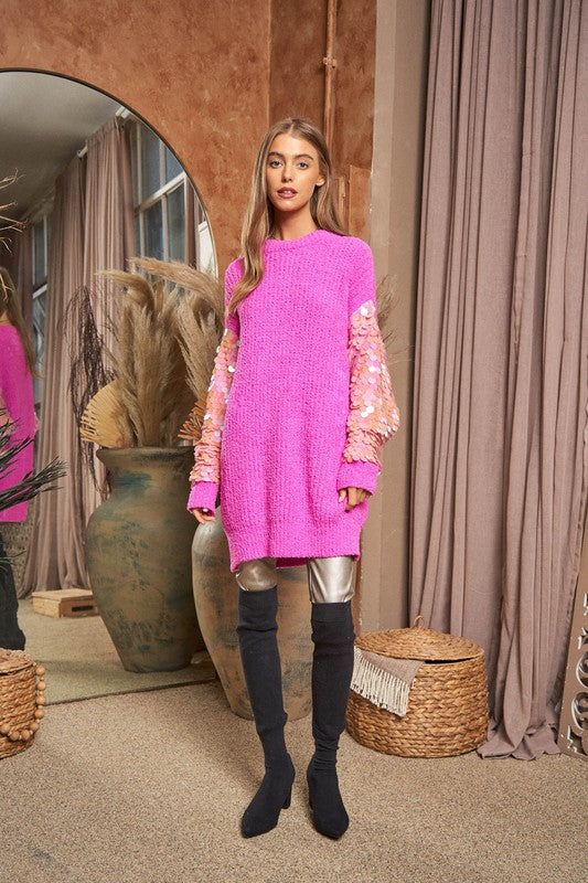 Sequin Sleeve Sweater Knit Tunic Top-Teresa&#39;s Fashionista LLC