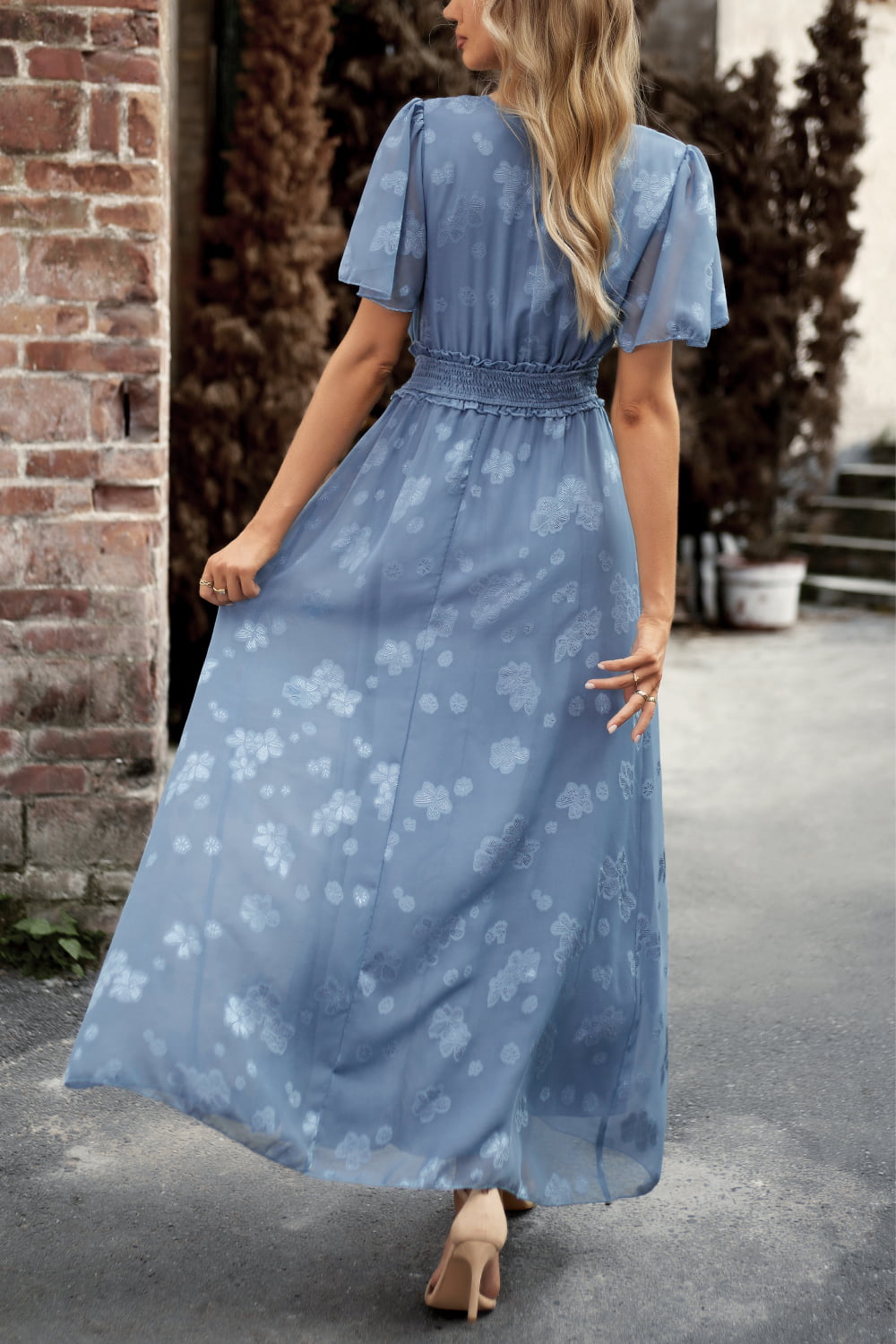 Floral Print V-Neck Smocked Waist High Slit Maxi Dress-Teresa&#39;s Fashionista LLC