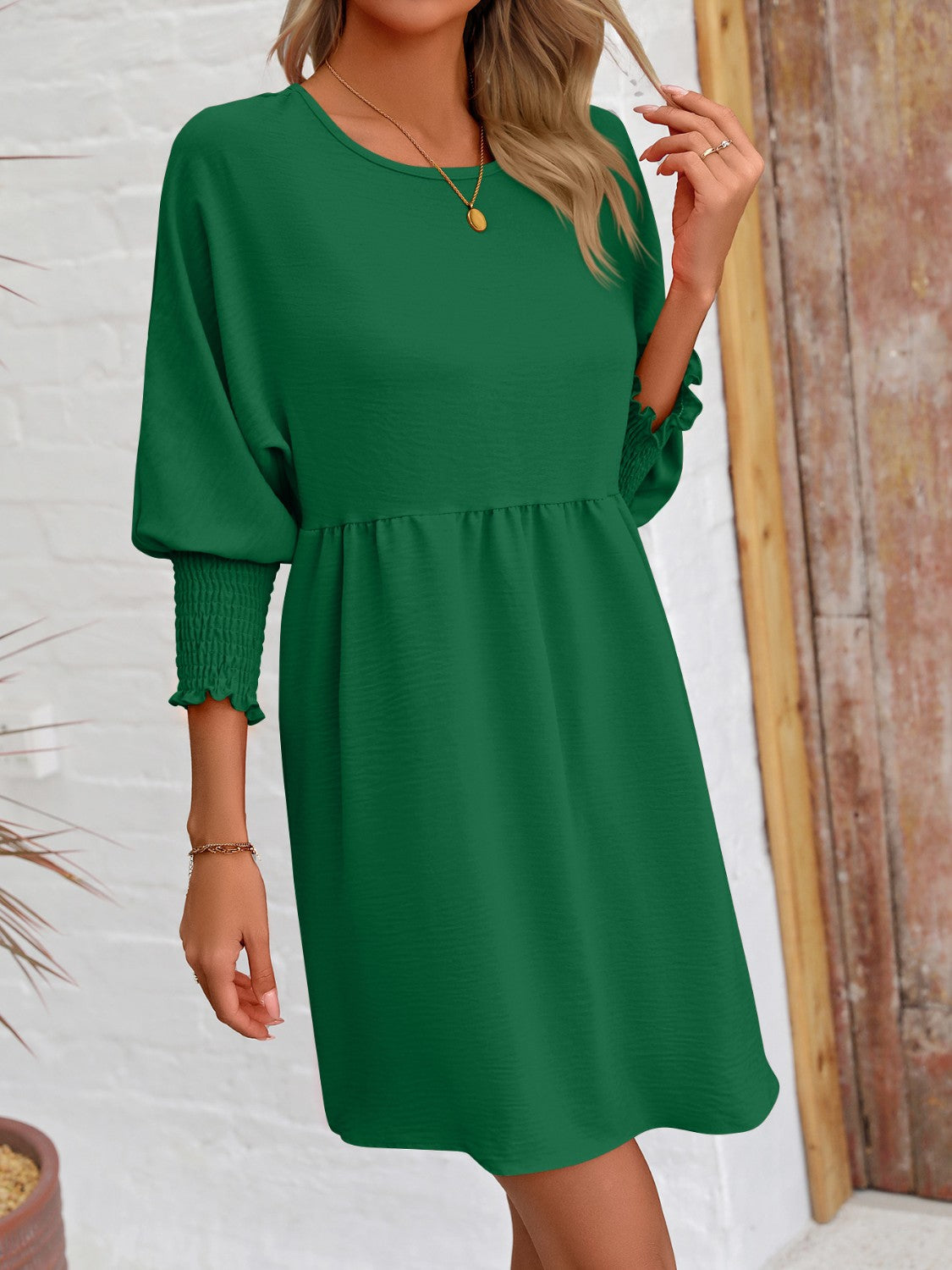 Round Neck Lantern Sleeve Mini Dress-Teresa&#39;s Fashionista LLC