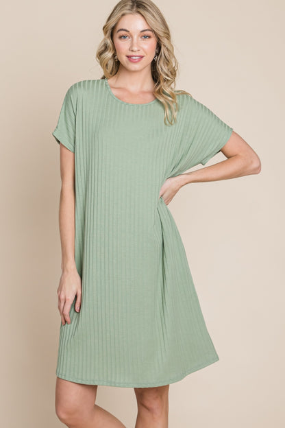 BOMBOM Ribbed Round Neck Short Sleeve Dress-Teresa&#39;s Fashionista LLC