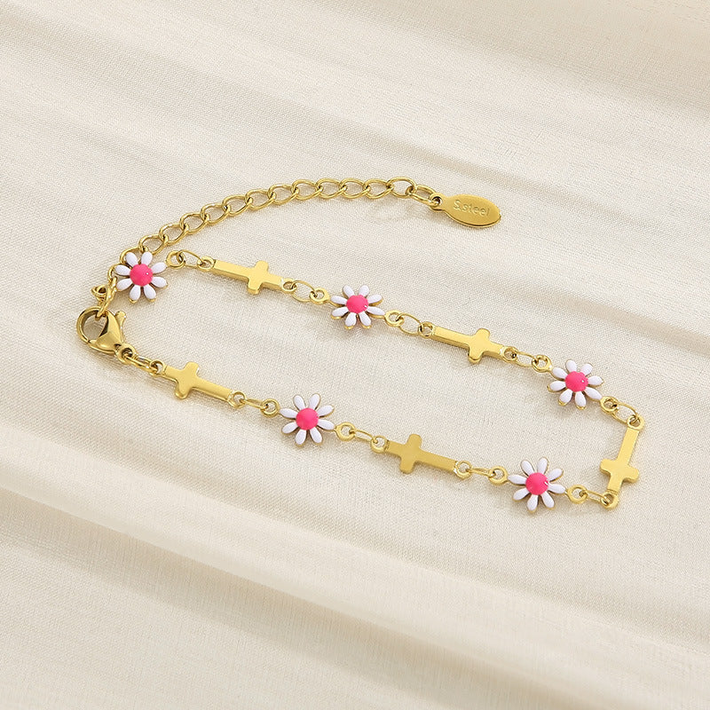 Flower & Cross Stainless Steel Bracelet-Teresa&#39;s Fashionista LLC