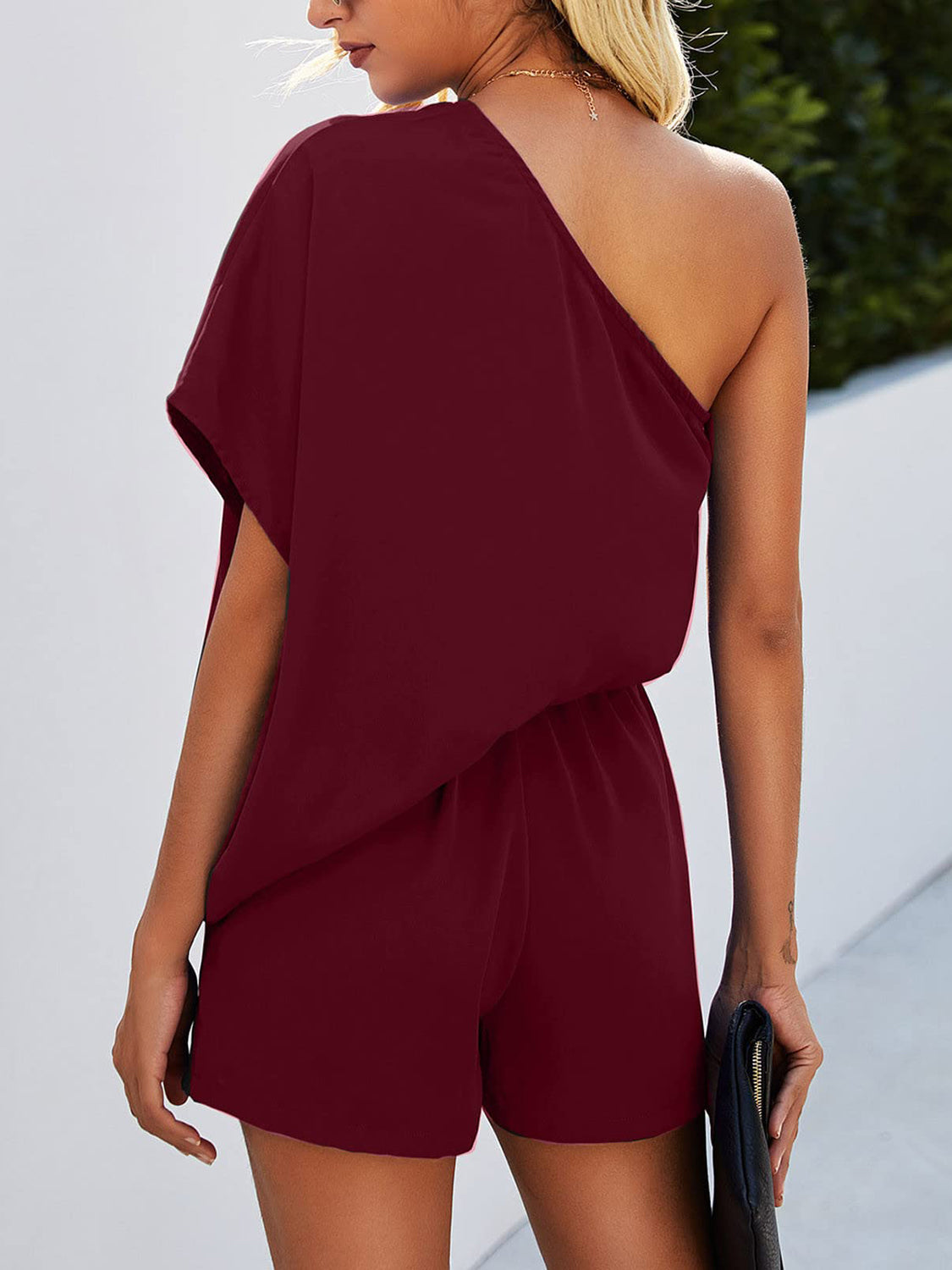 Single Shoulder Batwing Sleeve Romper-Teresa&#39;s Fashionista LLC