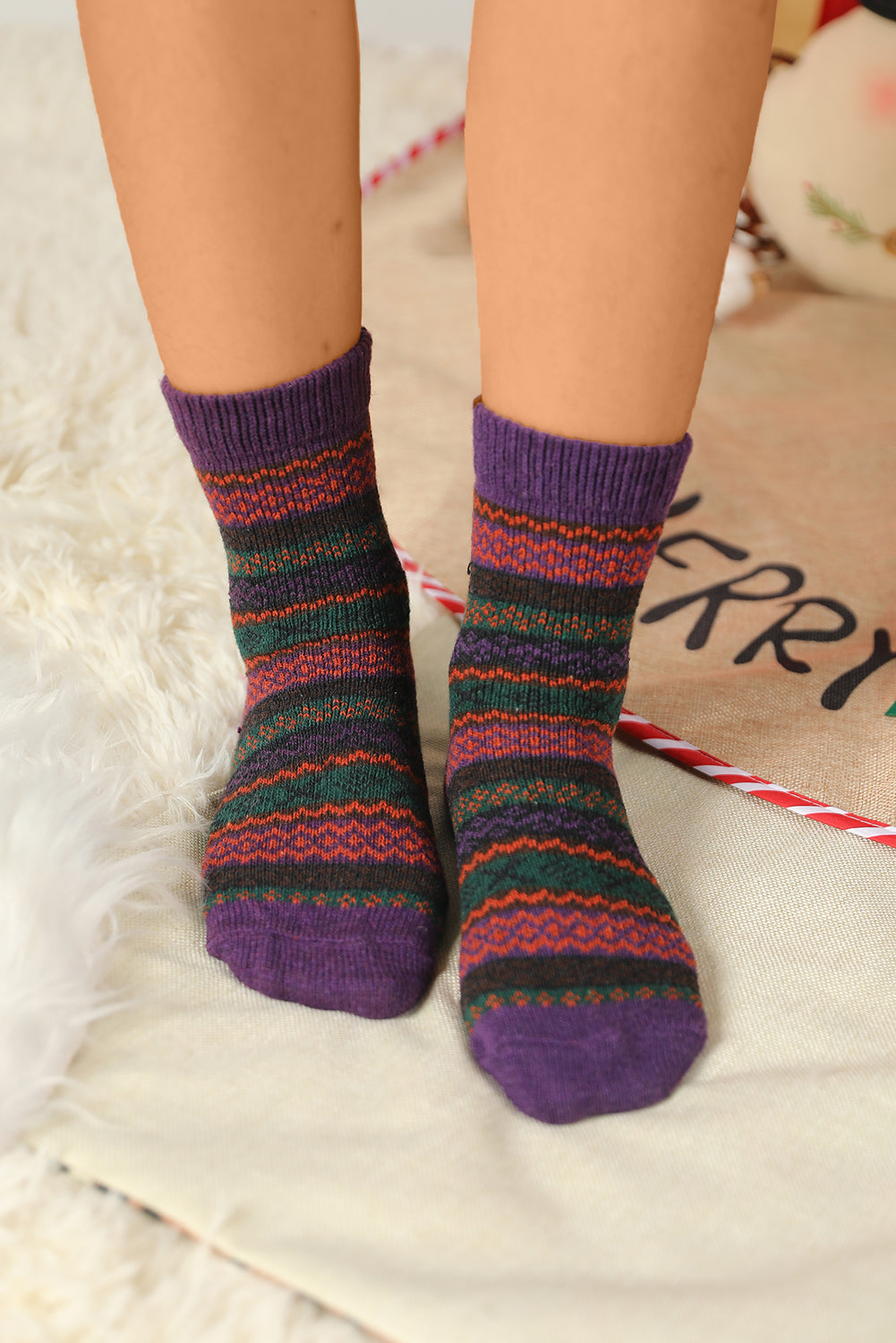 Multicolor Thermal Fuzzy Warm Winter Crew Socks-Teresa&#39;s Fashionista LLC