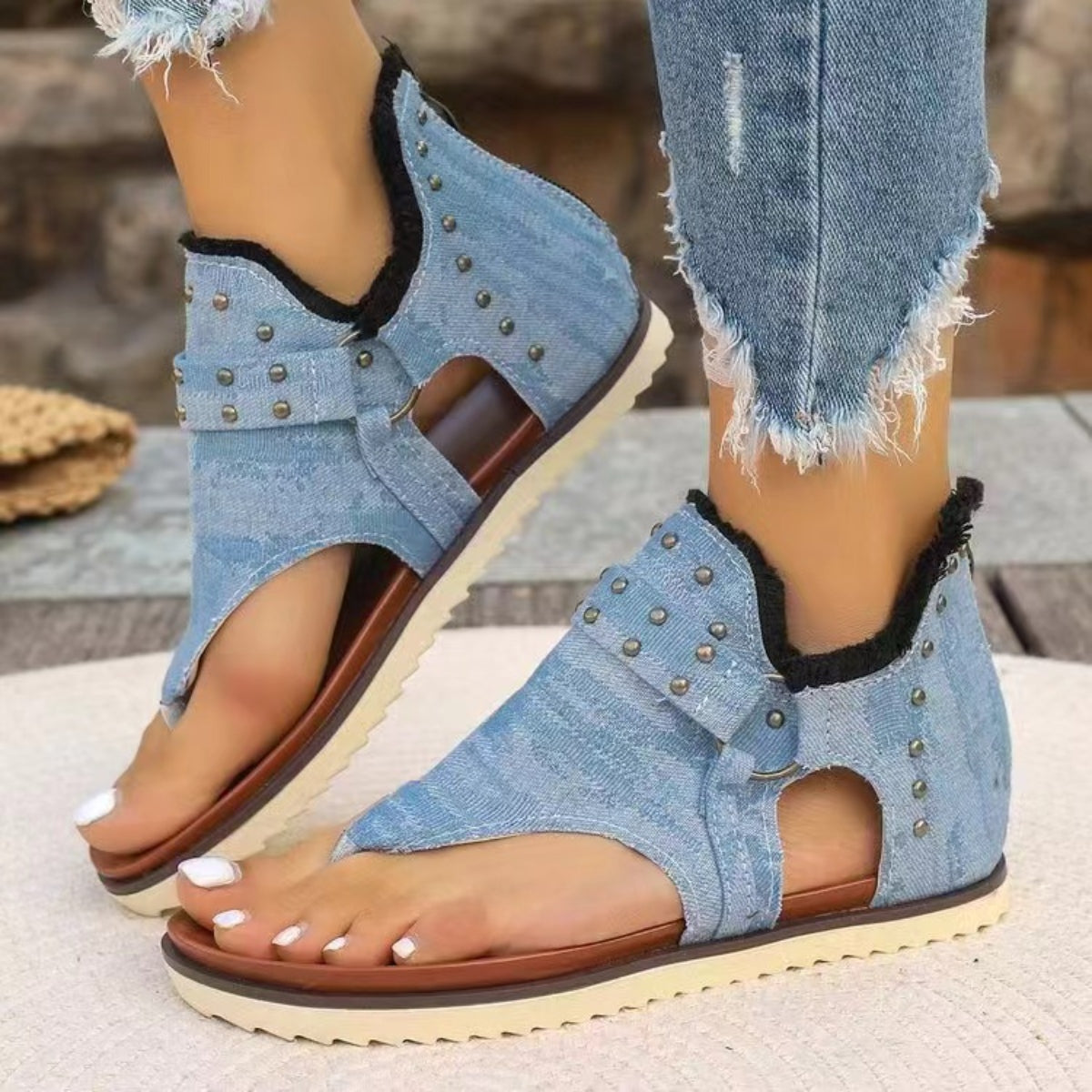 Studded Raw Hem Flat Sandals-Teresa&#39;s Fashionista LLC