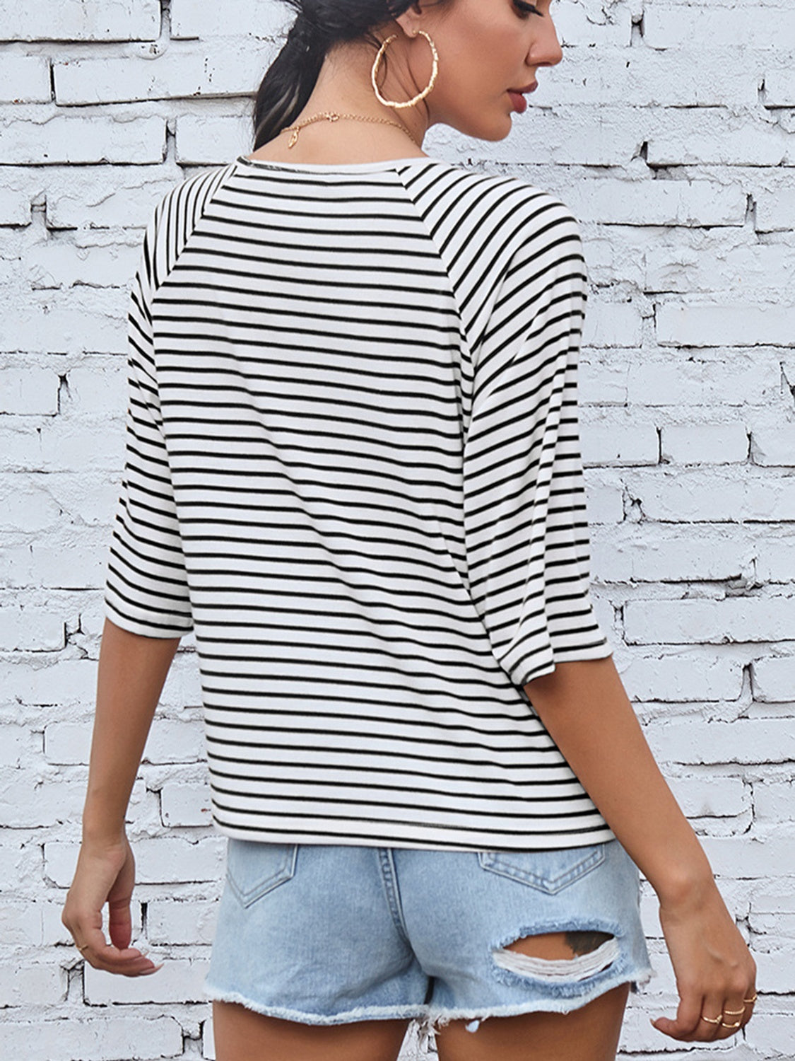 Striped Round Neck Raglan Sleeve T-Shirt-Teresa&#39;s Fashionista LLC