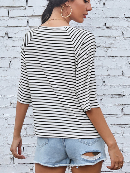 Striped Round Neck Raglan Sleeve T-Shirt-Teresa&#39;s Fashionista LLC