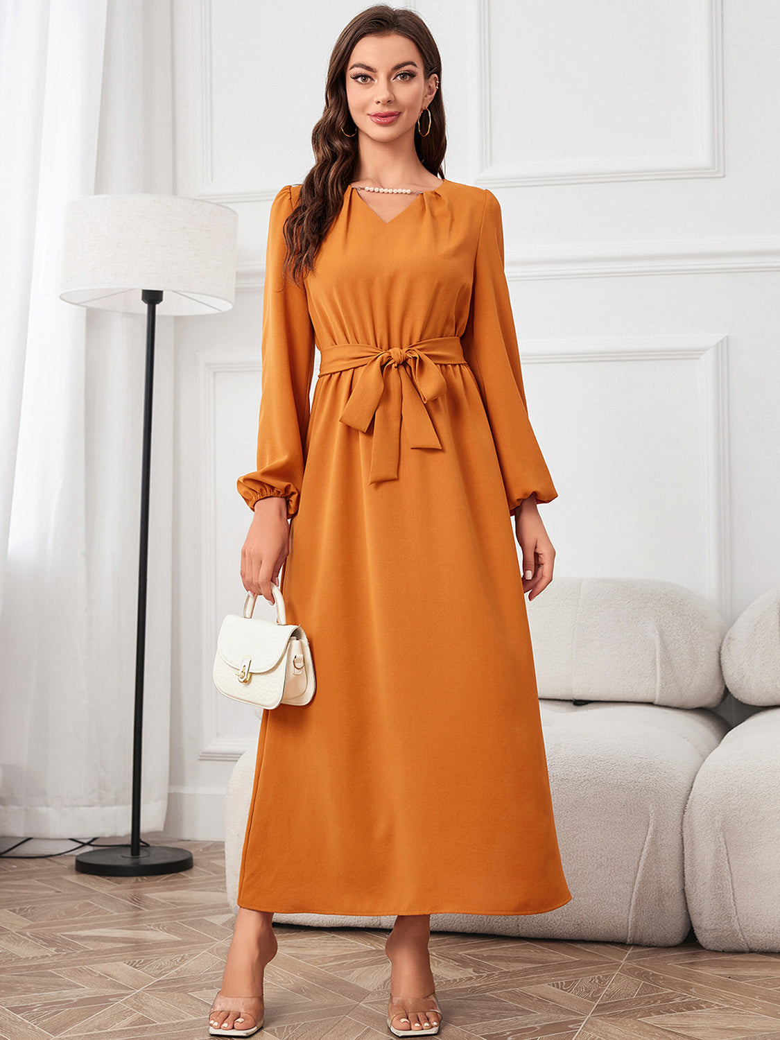 Tie Waist Puff Sleeve Maxi Dress-Teresa&#39;s Fashionista LLC