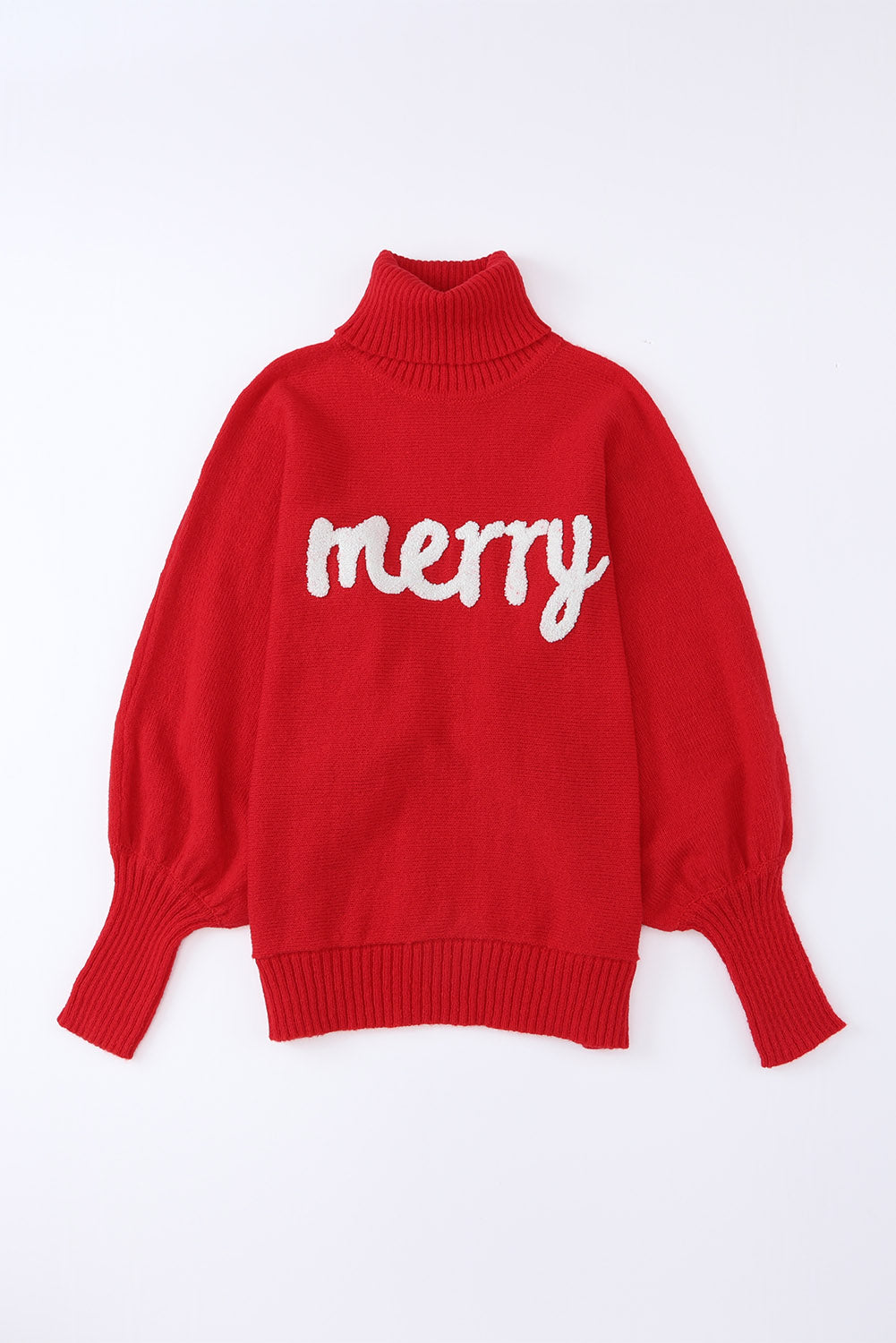 Red Merry Letter Embroidered High Neck Sweater-Teresa&#39;s Fashionista LLC