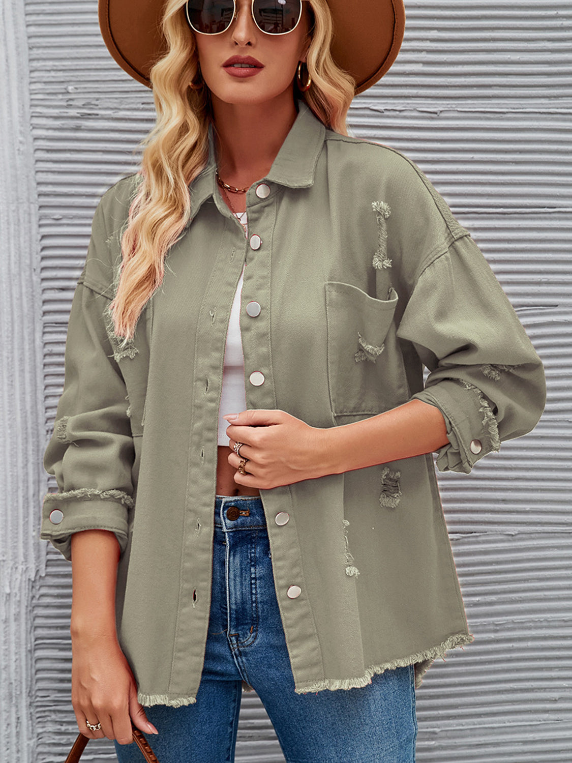 Distressed Raw Hem Button Up Denim Jacket-Teresa&#39;s Fashionista LLC