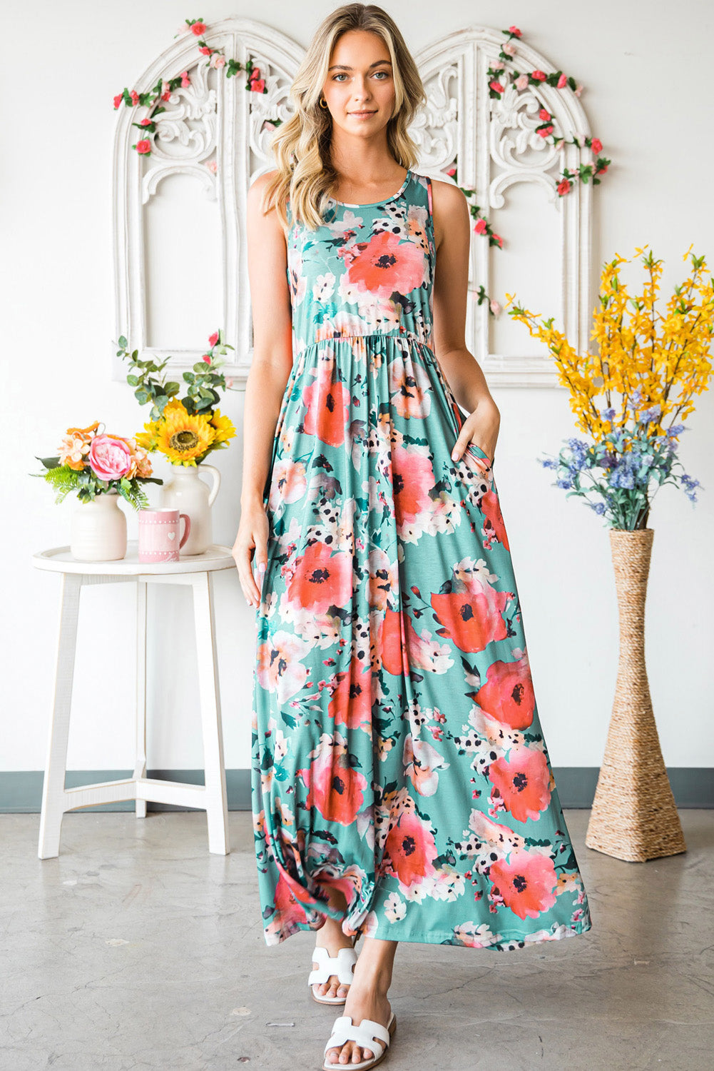 Floral Sleeveless Maxi Dress with Pockets-Teresa&#39;s Fashionista LLC