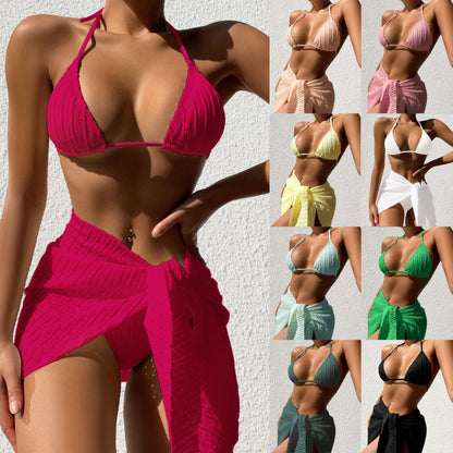 3pcs Halterneck Swimsuit Set Beach Solid Color Sexy Backless Bikini With Mesh Skirt Summer Womens Clothing-Teresa&#39;s Fashionista LLC