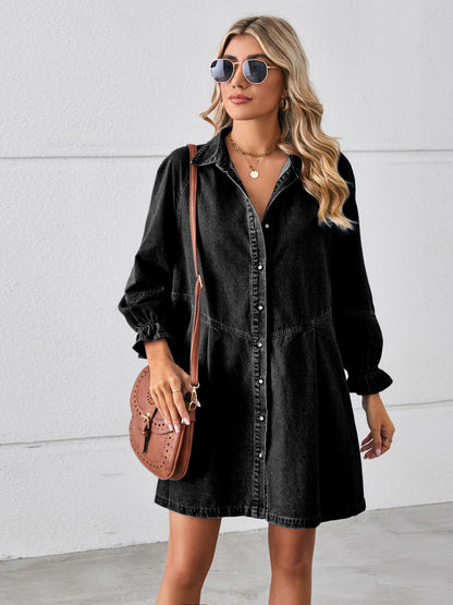 Button Up Flounce Sleeve Mini Denim Dress-Teresa&#39;s Fashionista LLC