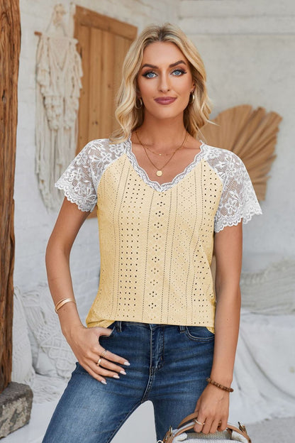 Eyelet V-Neck Lace Short Sleeve T-Shirt-Teresa&#39;s Fashionista LLC