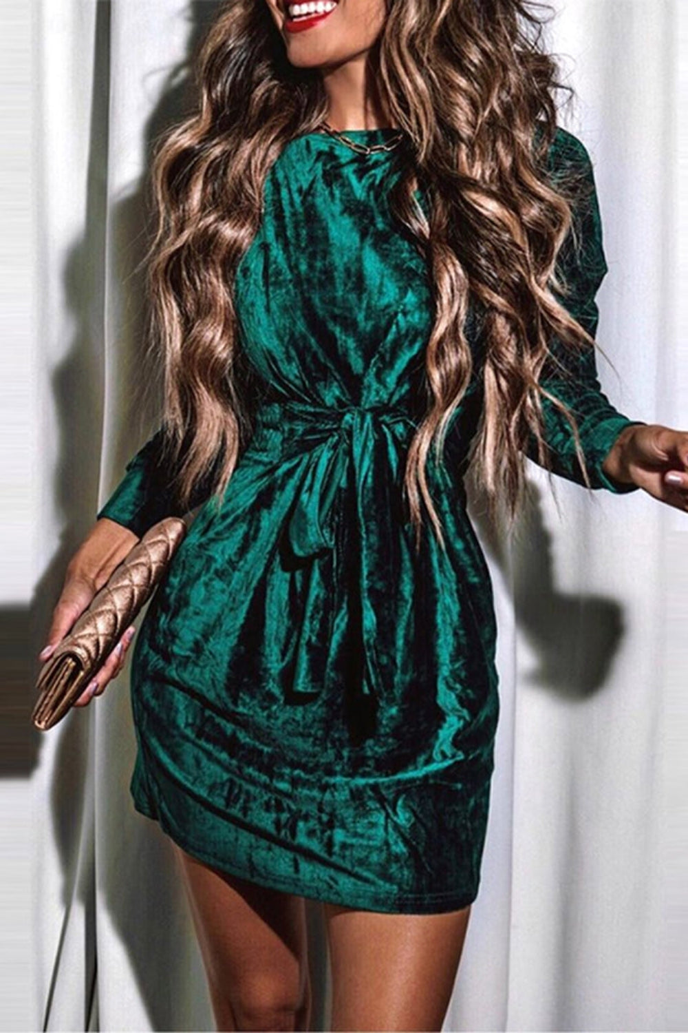 Tied Round Neck Long Sleeve Dress-Teresa&#39;s Fashionista LLC