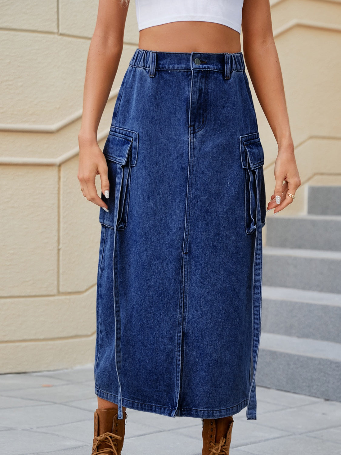 Slit Pocketed High Waist Denim Skirt-Teresa&#39;s Fashionista LLC