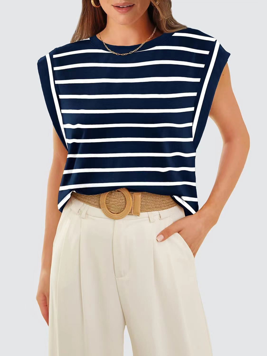 Striped Round Neck Cap Sleeve T-Shirt-Teresa&#39;s Fashionista LLC