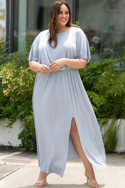 Plus Size Round Neck Split Flutter Sleeve Maxi Dress-Teresa&#39;s Fashionista LLC