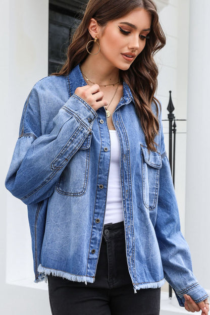 Raw Hem Pocketed Collared Neck Denim Jacket-Teresa&#39;s Fashionista LLC