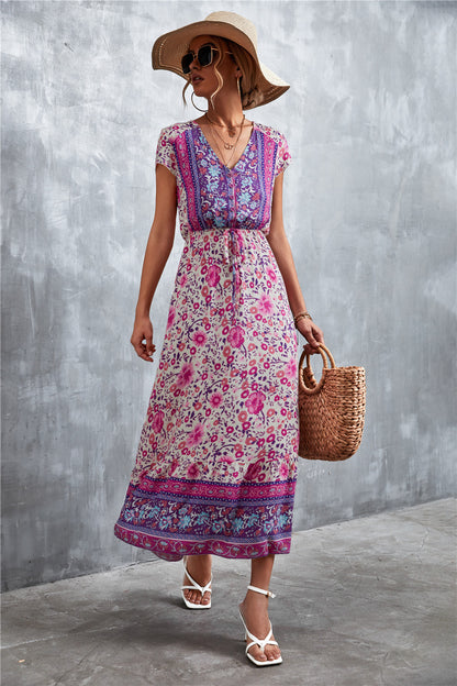 V-Neck Short Sleeve Printed Maxi Dress-Teresa&#39;s Fashionista LLC