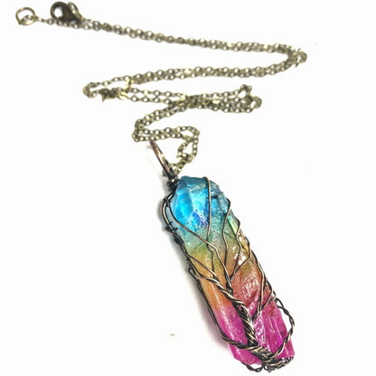 Crystal Plating Rainbow Color Crystal Pillar Tree Of Life Pendant Necklace-Teresa&#39;s Fashionista LLC