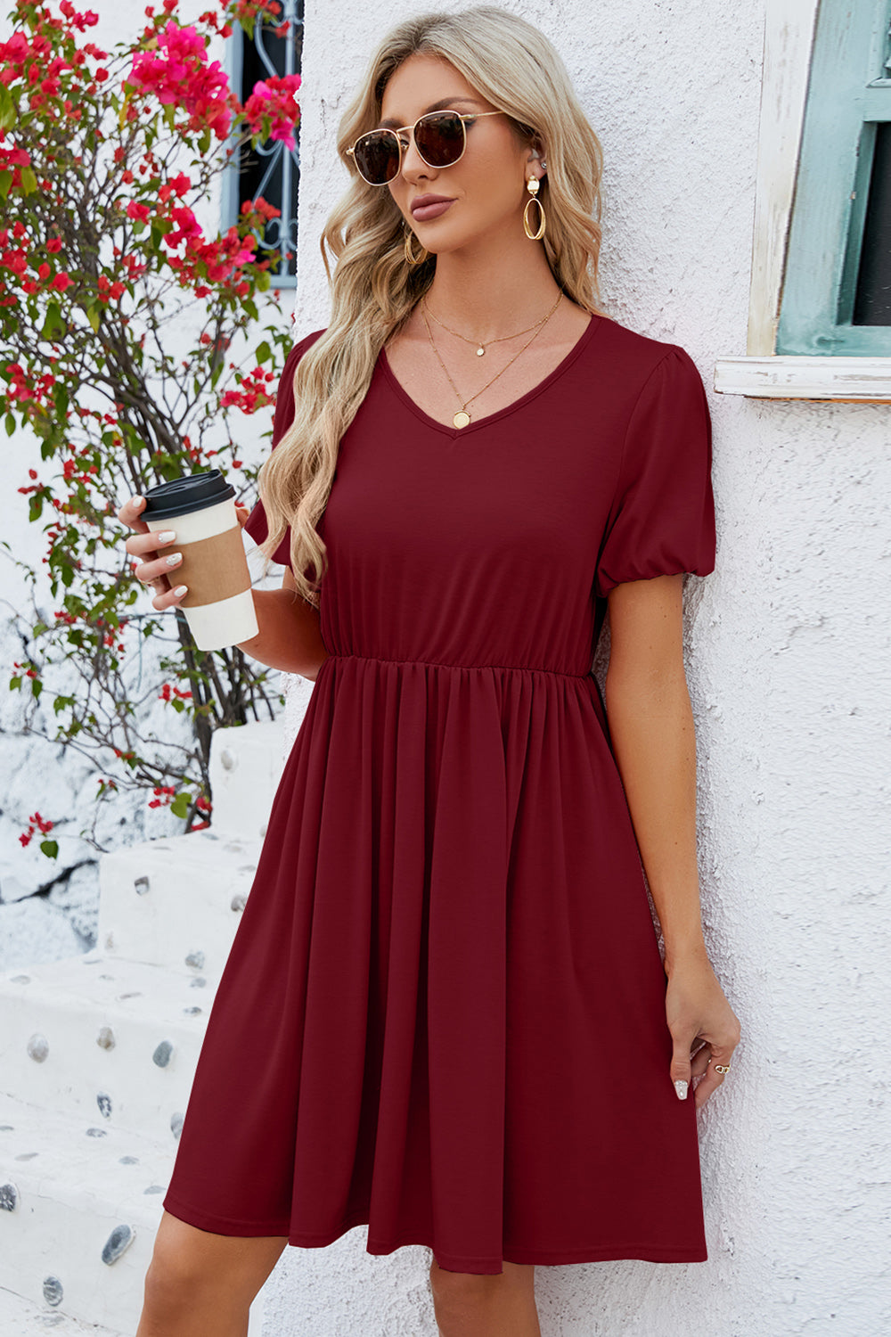 V-Neck Balloon Short Sleeve Dress-Teresa&#39;s Fashionista LLC