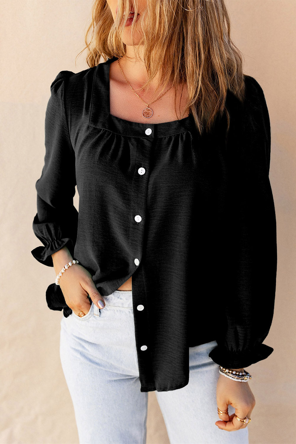 Button Up Square Neck Long Sleeve Blouse-Teresa&#39;s Fashionista LLC