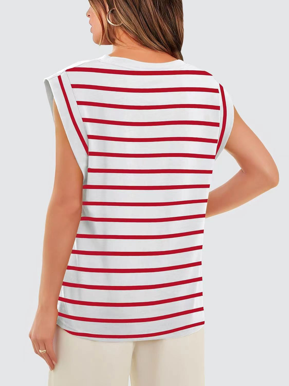 Striped Round Neck Cap Sleeve T-Shirt-Teresa&#39;s Fashionista LLC