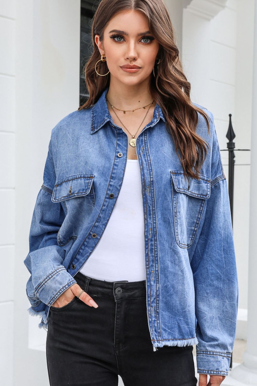 Raw Hem Pocketed Collared Neck Denim Jacket-Teresa&#39;s Fashionista LLC