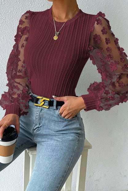 Textured Applique Long Sleeve Blouse-Teresa&#39;s Fashionista LLC